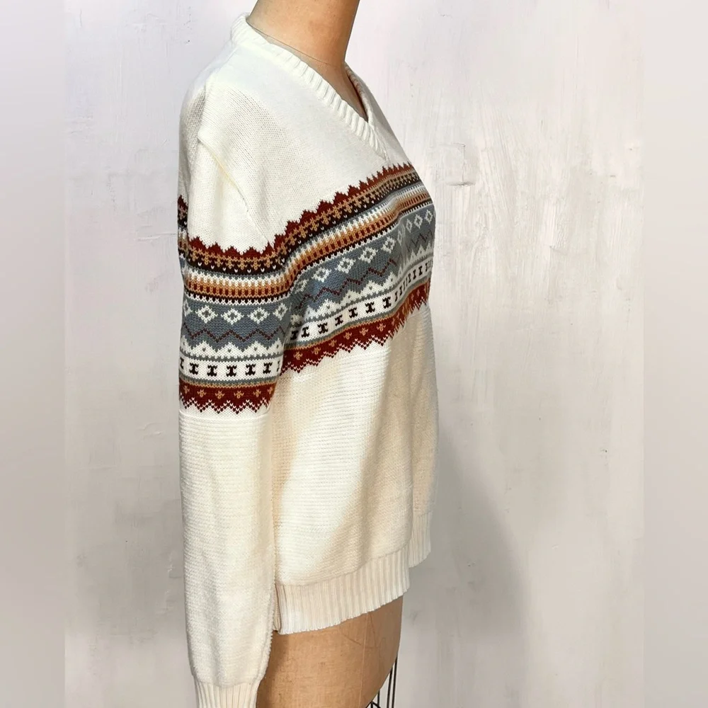 VINTAGE 70s 80s fair isle knit ski sweater v neck chenille earthy neutral unisex